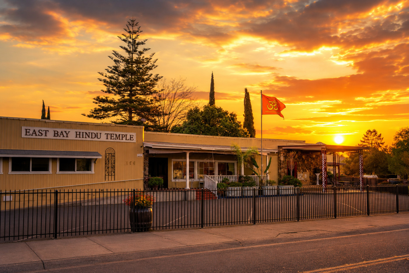 East Bay Hindu Temple on School Street, Pittsburg, California, at sunset